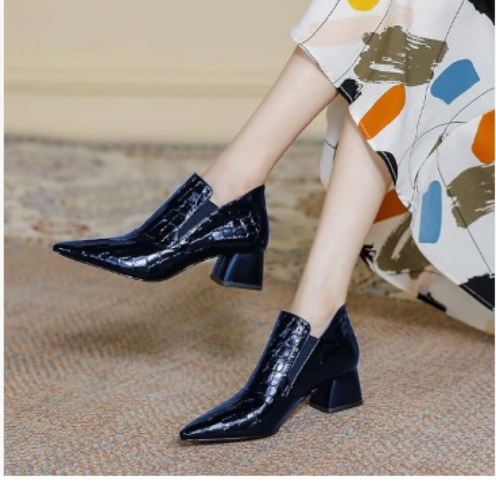 YDN Blue Sexy Pointed Toe Ankle Boots Chunky Low Heel Booties Pull on Shoe